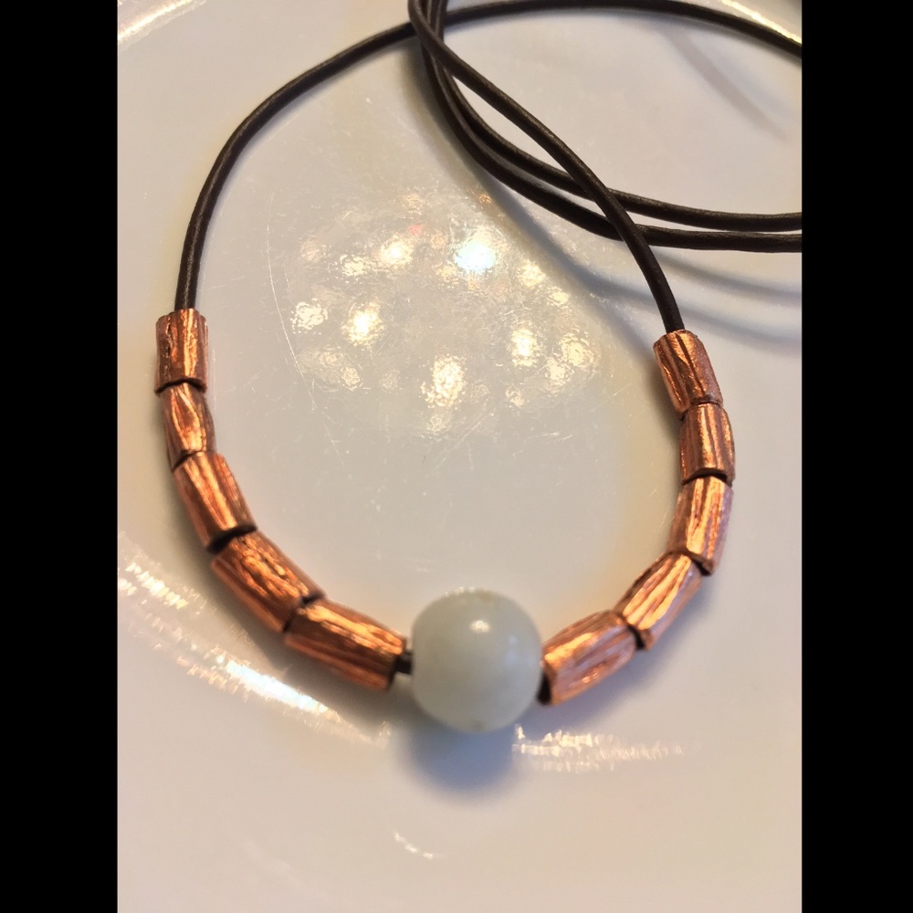 ARTISAN Brown Leather Amazonite with Copper Beads 24” Necklace - Picture 4 of 5